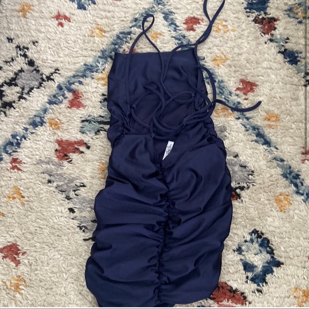 dark blue open back bodycon dress